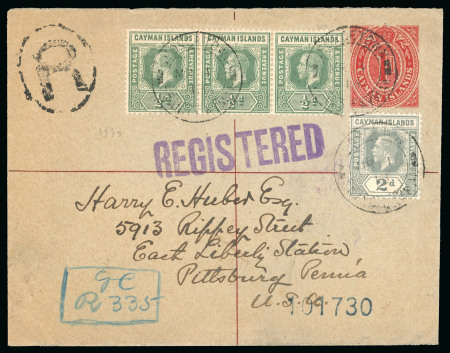 Stamp of Cayman Islands 1913 (Mar 1) 1d Postal Stationery envelope sent registered to Pittsburgh, uprated