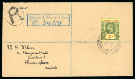 Stamp of Cayman Islands 1915 (Jul 8) Envelope sent registered to the well known dealers W.T. Wilson in Birmingham, UK, bearing 5s