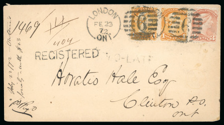 Stamp of Canada 1872 (Feb 23) Envelope to Clinton, Ontario, bearing Small Queen 3c dull red and pair of 1c orange, registered