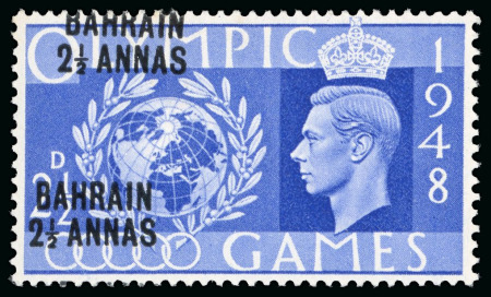 Stamp of Bahrain 1948 Olympics 2 1/2d ultramarine with variety overprint double