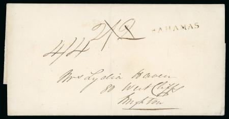 Stamp of Bahamas 1836ca. undated entire to England rated "2/2" and corrected to "4/4", showing good strike of straight-line "BAHAMAS" hs