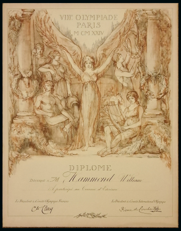 Stamp of Olympics » 1924 Paris » Memorabilia 1924 Paris participant's diploma on card awarded to William Hammond for fencing