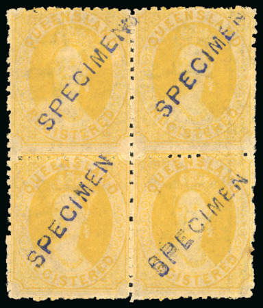 Stamp of Australia » Queensland 1860-61 Registered (6d) orange-yellow, rough perf. 14 handstamped "SPECIMEN" diagonally in block of four