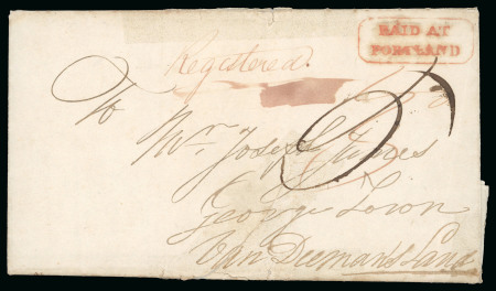 Stamp of Australia » New South Wales 1843 (Aug 18) Entire sent registered to Tasmania bearing a fine strike of the framed "PAID AT / PORTLAND" in red