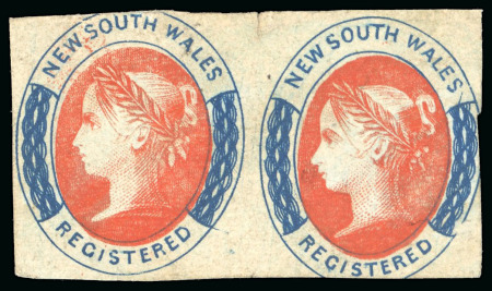 Stamp of Australia » New South Wales 1856-58 6d Vermilion and Prussian blue horizontal pair (pos.34-35) on soft medium yellowish paper, unused 