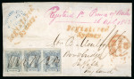 Stamp of Australia » New South Wales 1852 (Apr 26) Front to England bearing 1851-55 2d greyish blue (fine impression) in strip of three 