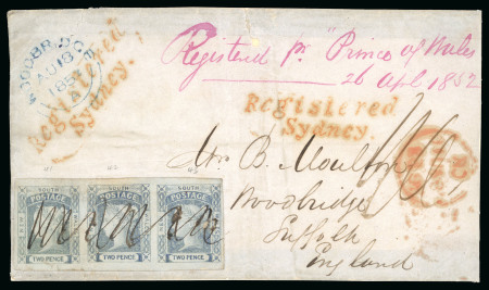 Stamp of Australia » New South Wales 1852 (Apr 26) Front to England bearing 1851-55 2d greyish blue (fine impression) in strip of three 