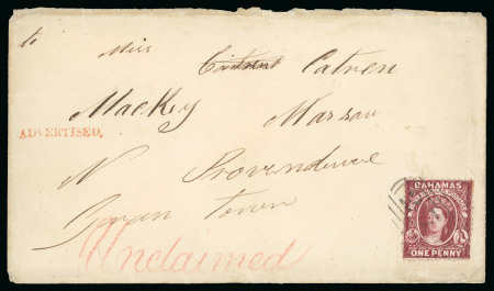 Stamp of Bahamas 1863-77 1d Carmine-lake, wmk Crown CC, perf. 12 1/2, on an undated inland envelope