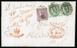 Stamp of Great Britain » 1854-1900 Postal History of the Perforated Line Engraved and Surface Printed Issues 1864 (Jan 16) Commercial entire to Philadelphia "per Australasia via Queenstown" sent during the American Civil War