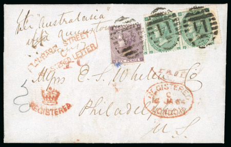 Stamp of Great Britain » 1854-1900 Postal History of the Perforated Line Engraved and Surface Printed Issues 1864 (Jan 16) Commercial entire to Philadelphia "per Australasia via Queenstown" sent during the American Civil War