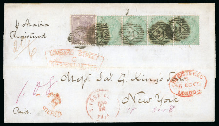 Stamp of Great Britain » 1854-1900 Postal History of the Perforated Line Engraved and Surface Printed Issues 1860 (Oct 5) Large commercial wrapper sent registered to USA with 1855-57 6d lilac and 1s green strip of four