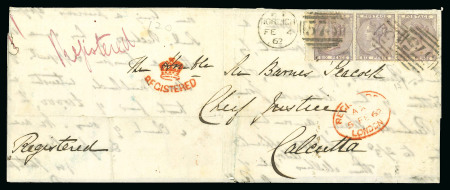 Stamp of Great Britain » 1854-1900 Postal History of the Perforated Line Engraved and Surface Printed Issues 1862 (Feb 4) Letter sheet sent registered from Norwich to Calcutta bearing strip of three 6d lilac 