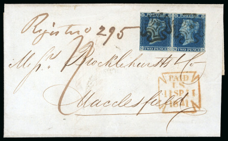 Stamp of Great Britain » 1841 2d Blue 1841 (Sep 11) Wrapper sent registered from London to Macclesfield with pair of 1841 2d blue pl.3 QC-QD