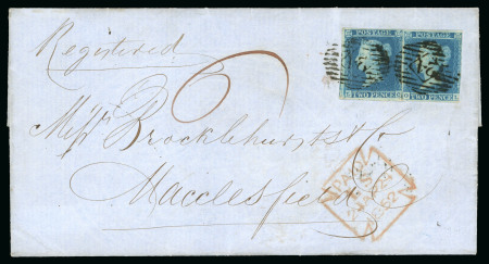 Stamp of Great Britain » 1841 2d Blue 1852 (Apr 24) Entire sent registered to Macclesfield bearing 1841 2d blue pl.4 LC and OL cancelled by London "21" numerals