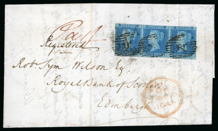 Stamp of Great Britain » 1841 2d Blue 1847 (Nov 25) Entire from London to Edinburgh, bearing 1841 2d. pl. 3 DH-DJ strip of three