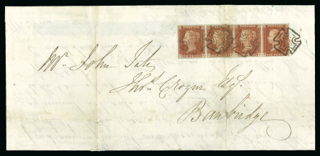 Stamp of Great Britain » 1841 1d Red 1844 (Jan 16) Large part entire letter sent within Ireland from Dublin to Banbridge, bearing 1d red-brown pl.37 SE-SH strip of four