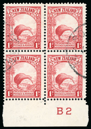 Stamp of New Zealand 1935-36 1d scarlet, perf.13.5x14, in used plate "B2" block of four