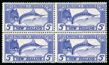 Stamp of New Zealand 1936-42 5d ultramarine, perf.13.75x13.5, block of four with variety double print one albino