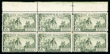 Stamp of New Zealand 1936-42 2s olive-green perf.12.5 on fine paper, marginal block of six (3x2) from the top of the sheet with top row of perfs doubled