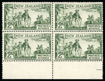 Stamp of New Zealand 1936-42 2s olive-green perf.13.75x13.5, on coarse paper, mint pl.2 block of four showing variety double print one albino