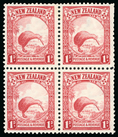 Stamp of New Zealand 1d. scarlet mint block of four, due to a corner fold