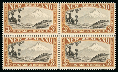 Stamp of New Zealand 1935-36 3s chocolate and yellow-brown, perf.13.5x14, in mint block of four with watermark inverted and reversed