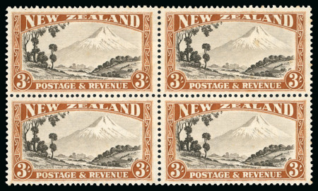 Stamp of New Zealand 1936-41 3s chocolate and yellow-brown perf.14-13 x 13.5, mint block of four with variety watermark inverted