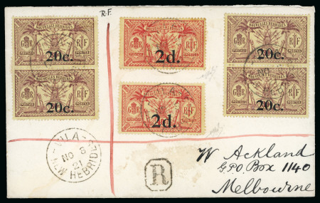 Stamp of New Hebrides 1921 (Nov 3) "Ackland" cover sent registered from Vila to Melbourne, bearing 1920-21 2d on 40c red on yellow WMK RF