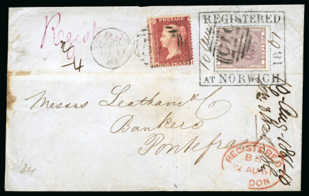 Stamp of Great Britain » 1854-1900 Postal History of the Perforated Line Engraved and Surface Printed Issues 1861 (Aug 10) Envelope with 1855-57 6d lilac surrounded by the framed "REGISTERED / AT NORWICH" hs