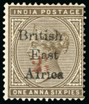 Stamp of Kenya, Uganda and Tanganyika » British East Africa 1895 2 1/2a Provisional on 1a6p showing variety "1 for i in Africa", mint l.h.