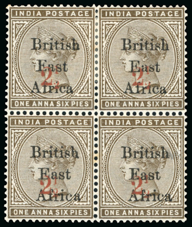 Stamp of Kenya, Uganda and Tanganyika » British East Africa 1895 2 1/2a Provisional on 1a6p mint block of four plus used single