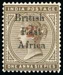 Stamp of Kenya, Uganda and Tanganyika » British East Africa 1895 2 1/2a Provisional on 1a6p with overprint types 12, 13, and 14 which sent to the UPU in Bern as specimens