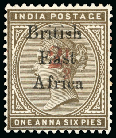 Stamp of Kenya, Uganda and Tanganyika » British East Africa 1895 2 1/2a Provisional on 1a6p with overprint types 12, 13, and 14 which sent to the UPU in Bern as specimens