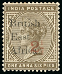 Stamp of Kenya, Uganda and Tanganyika » British East Africa 1895 2 1/2a Provisional on 1a6p with overprint types 12, 13, and 14 which sent to the UPU in Bern as specimens
