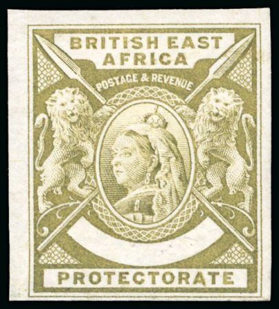Stamp of Kenya, Uganda and Tanganyika » British East Africa 1896 De La Rue small format definitive colour trial with blank value tablet in olive on wove paper