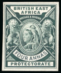 Stamp of Kenya, Uganda and Tanganyika » British East Africa 1896 De La Rue small format definitive colour trial with handpainted "FOUR ANNAS" value tablet in deep green (issued colour)