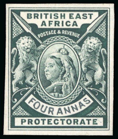Stamp of Kenya, Uganda and Tanganyika » British East Africa 1896 De La Rue small format definitive colour trial with handpainted "FOUR ANNAS" value tablet in deep green (issued colour)