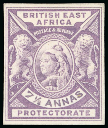 Stamp of Kenya, Uganda and Tanganyika » British East Africa 1896 De La Rue small format definitive colour trial with handpainted "7 1/2 ANNAS" value tablet in mauve (issued colour)