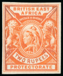 Stamp of Kenya, Uganda and Tanganyika » British East Africa 1896 De La Rue small format definitive imperf. colour trial with handpainted "TWO RUPEES" value tablet in orange (issued colour)