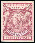 Stamp of Kenya, Uganda and Tanganyika » British East Africa 1896 De La Rue small format definitive imperf. colour trial with handpainted "FOUR RUPEES" value tablet in carmine-lake