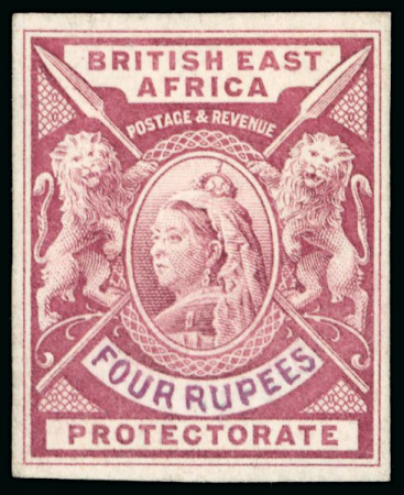 Stamp of Kenya, Uganda and Tanganyika » British East Africa 1896 De La Rue small format definitive imperf. colour trial with handpainted "FOUR RUPEES" value tablet in carmine-lake