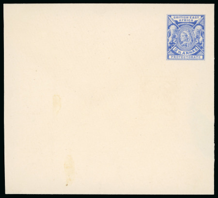 Stamp of Kenya, Uganda and Tanganyika » British East Africa 1896 De La Rue small format definitive postal stationery essay by De La Rue, with pale blue die on envelope with handpainted "2 1/2a ANNAS"