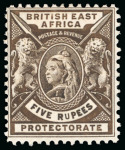 Stamp of Kenya, Uganda and Tanganyika » British East Africa 1896 De La Rue small format 5R sepia with variety "thin U in RUPEES", mint h.r