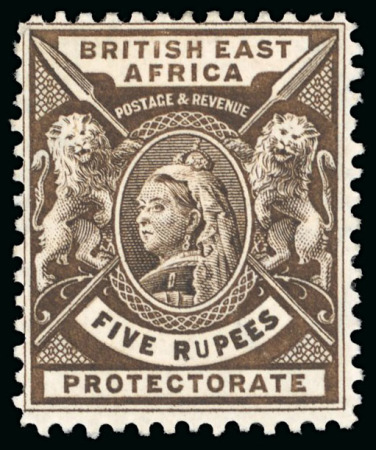 Stamp of Kenya, Uganda and Tanganyika » British East Africa 1896 De La Rue small format 5R sepia with variety "thin U in RUPEES", mint h.r