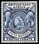 Stamp of Kenya, Uganda and Tanganyika » British East Africa 1897-1903 De La Rue large format perforated proof in dark blue with handpainted "FIFTY RUPEES" in value tablet