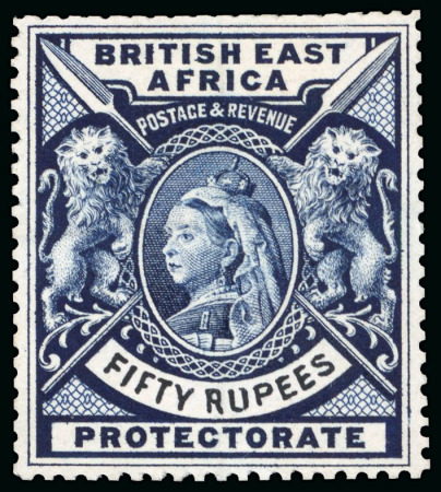 Stamp of Kenya, Uganda and Tanganyika » British East Africa 1897-1903 De La Rue large format perforated proof in dark blue with handpainted "FIFTY RUPEES" in value tablet