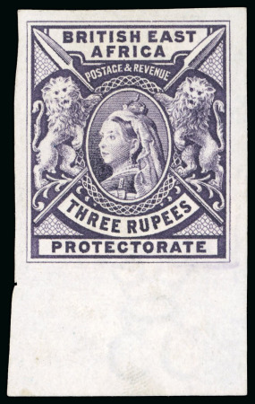 Stamp of Kenya, Uganda and Tanganyika » British East Africa 1897-1903 De La Rue large format 3R imperf. proof in issued colour on gummed Crown CC wmk paper