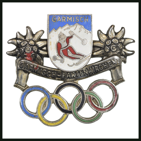 Stamp of Olympics » 1936 Garmisch-Partenkirchen 1936 Garmisch-Partenkirchen group of three pins incl. enamelled & white metal pin showing skier above Olympic Rings