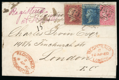 Stamp of Great Britain » 1854-1900 Postal History of the Perforated Line Engraved and Surface Printed Issues 1860 (Apr 9) Commercial wrapper sent registered to London bearing 1d Star, 2d pl.8 and 1855-57 4d rose-red 