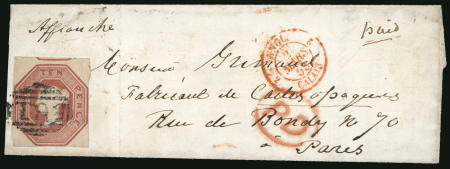 Stamp of Great Britain » 1847-54 Embossed 1853 (Feb 28) Entire (side flaps missing) to Paris, bearing 1847-54 Embossed 10d brown